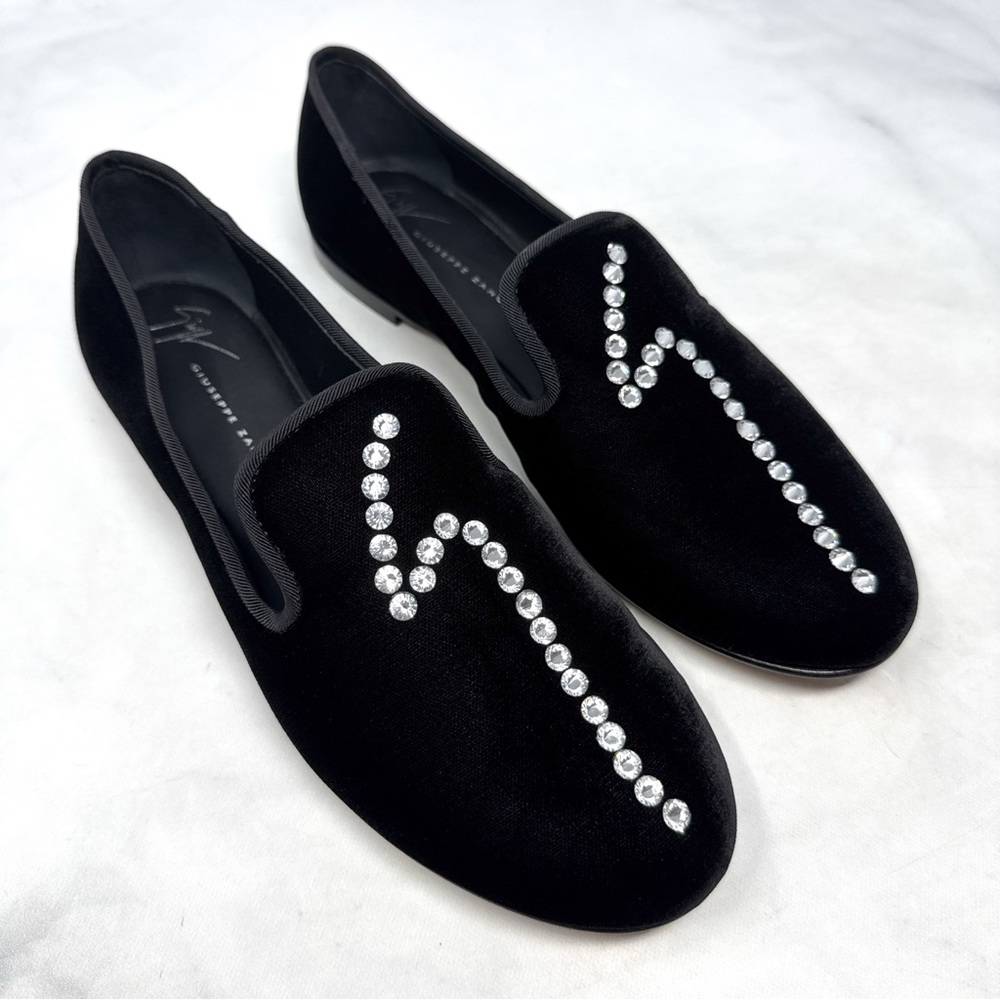 Giuseppe Zanotti Swarovski Crystal Rhinestone Logo Velvet Smoking Loafer Flats